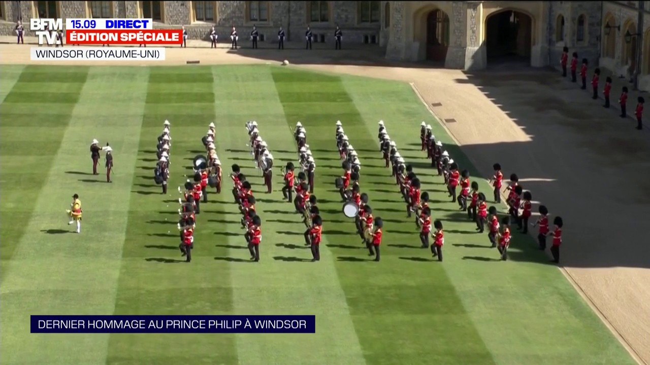 Funérailles du prince Philip: la fanfare des "Grenadier Guards" entre au château de Windsor