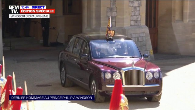 Funérailles du prince Philip: départ de la reine Élisabeth II à bord d'une Bentley en direction de la chapelle Saint-Georges de Windsor pour le début de la procession