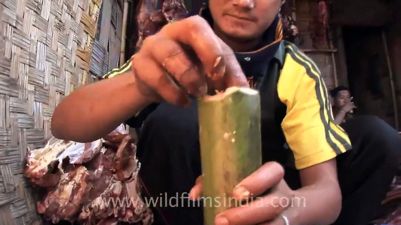 Meat cooked in a bamboo!