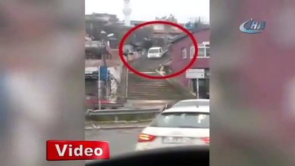 Kestirmeden inmek için kamyoneti merdivenlere sürdü