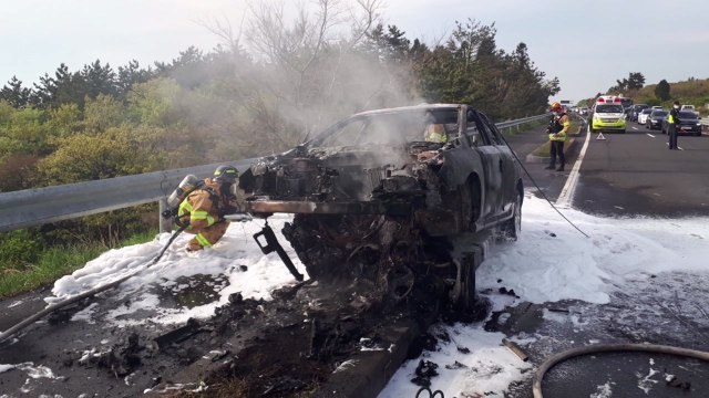 제주 평화로에서 차량 화재...도로 연석 들이받은 듯 / YTN