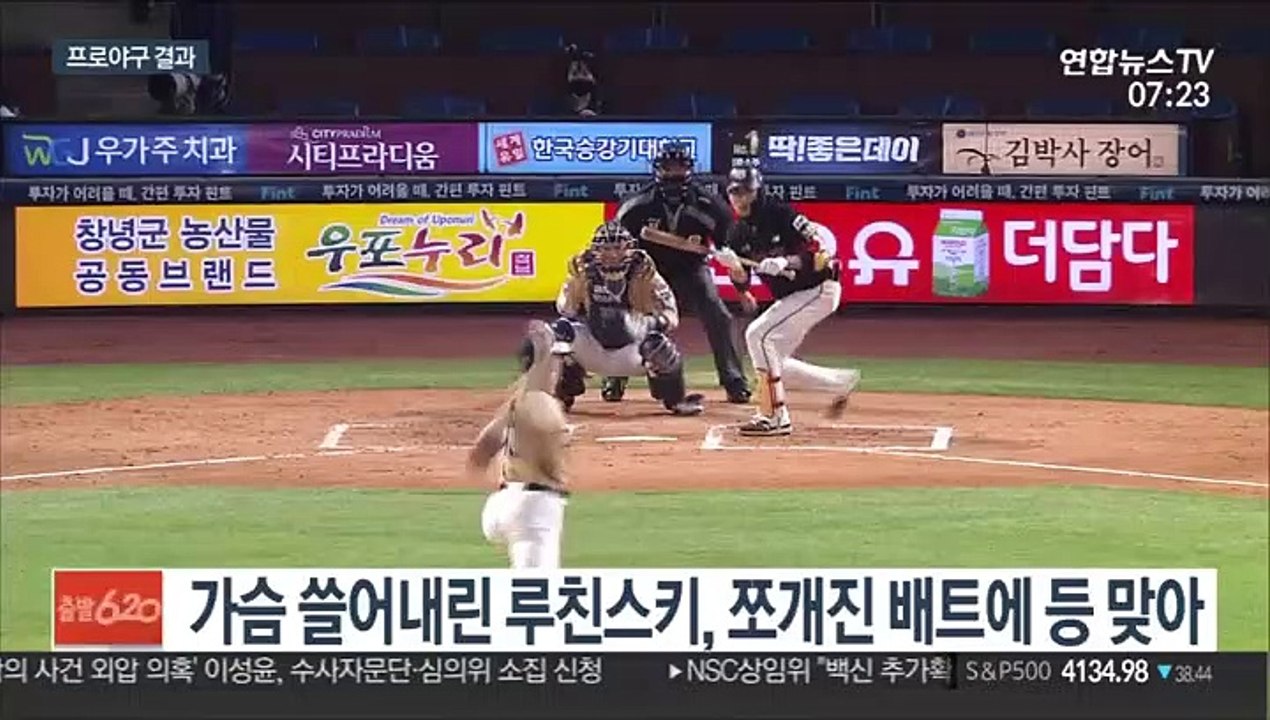 [프로야구] NC 루친스키, 부러진 방망이에 맞은 뒤 '와르르'