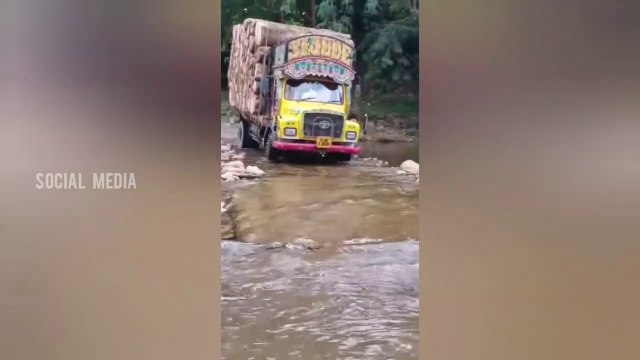 TATA 1613 SE Timber lorry kerala crossing river with heavy timber load | kerala timber lorry drivers