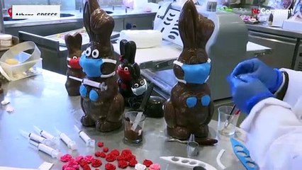 Masked chocolate bunnies fill pastry shop in Athens
