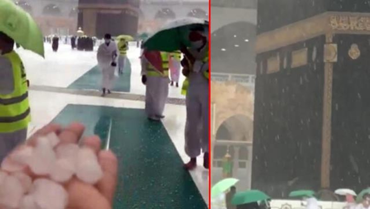 Mekke'ye ceviz büyüklüğünde dolu yağdı! Müslümanlar Kabe'yi yoğun yağış altında tavaf etti