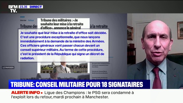 Le général Dominique Trinquand sur la tribune des militaires: Cette tribune est une tribune politique
