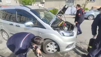 Aracın motoruna giren yavru kedi itfaiyecilere zor anlar yaşattı