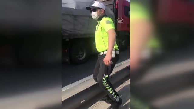 Kara yolunda karşıdan karşıya geçmeye çalışan kaplumbağaya polis yardım etti