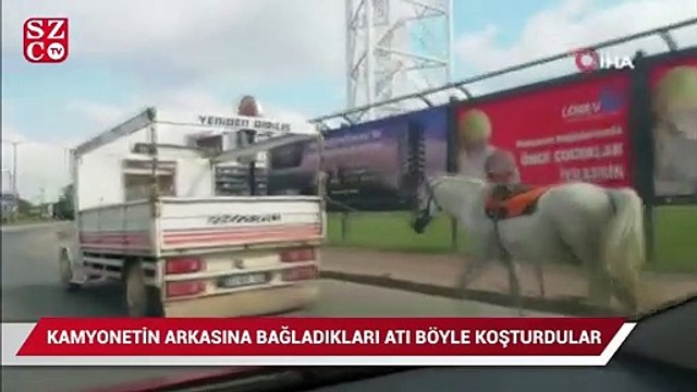 Kamyonetin arkasına bağladıkları atı kilometrelerce koşturdular