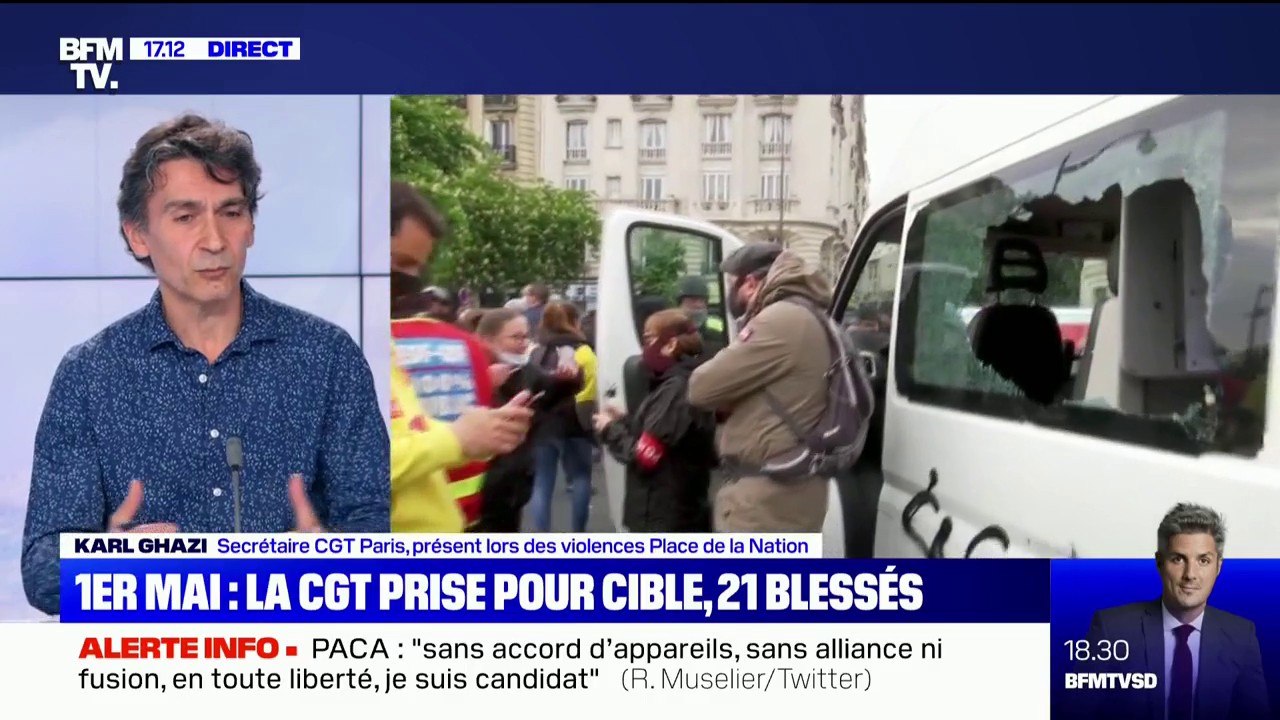 Karl Ghazi (CGT): "3 [militants blessés] sur 4 sont sortis de l'hôpital" après les violences lors de la manifestation du 1er mai