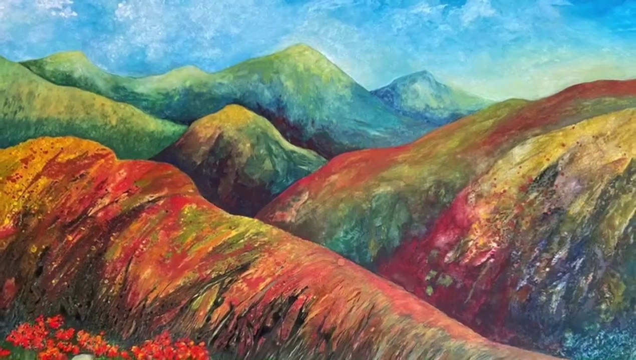 How to paint a mountain scape on stretched canvas, 30 x 40 inches. #irmgardart