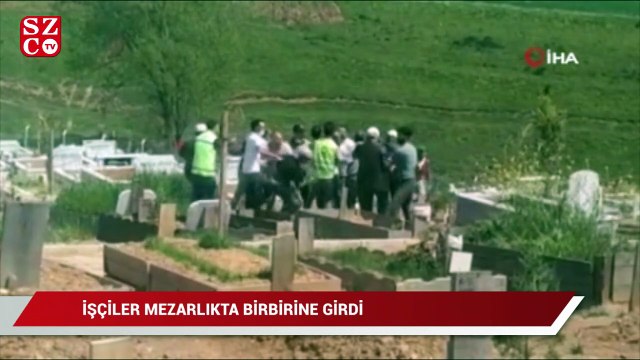 İşçiler mezarlıkta birbirine girdi: O anlar kamerada