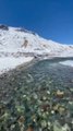 Person Shows Snow-covered Mountains And Clear Stream In Spiti Valley, India