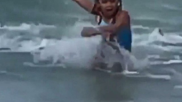 Denize giren çocuk köpek balığından böyle kaçtı