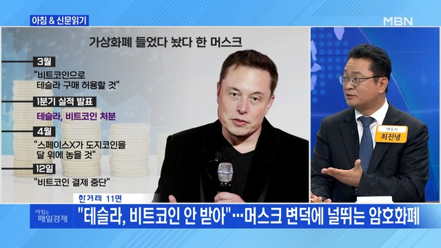 신문브리핑5 테슬라, 비트코인 안 받아 …머스크 변덕에 널뛰는 암호화폐 외 주요기사