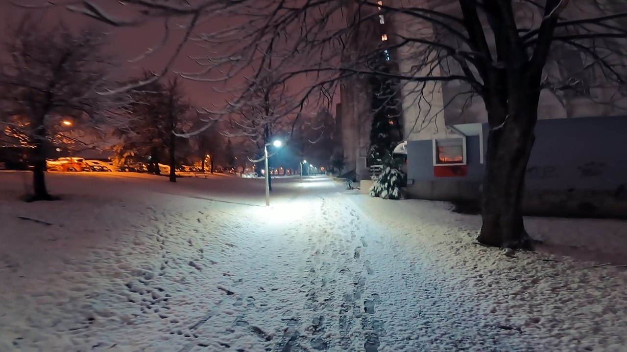Fresh snow in the park during cold winter night.