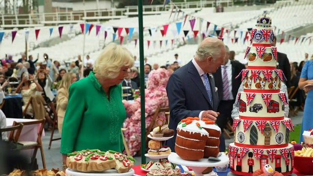 Charles and Camilla have tea and cake at Big Jubilee Lunch