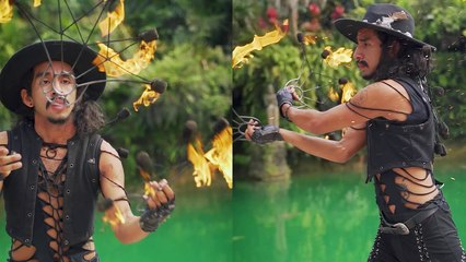 'Daring artist does an UNREAL fire dance with a Shaolin Rope Dart '