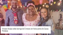 Grávida de 6 meses, Viviane Araújo elege um cropped e exibe barriga em festa junina de Cacau Protásio