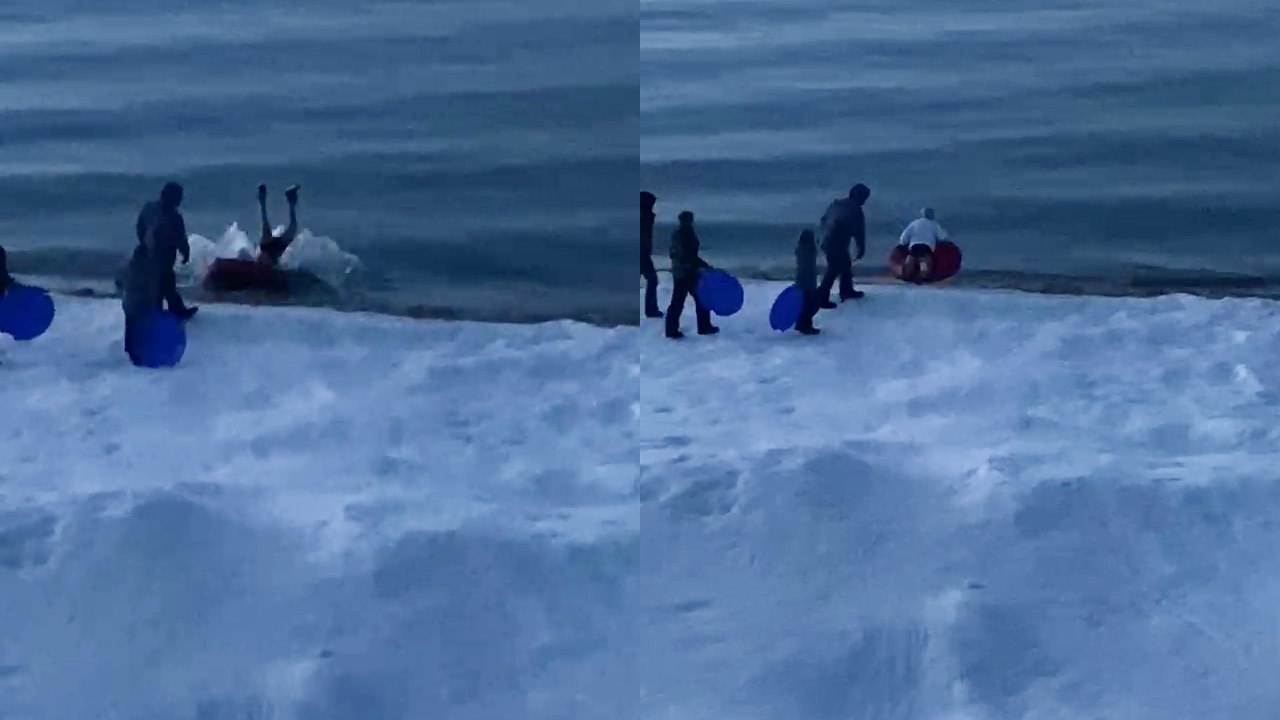 'Adventure-craver goes FULL SEND into freezing cold water *Sledding Gone Wrong!*'