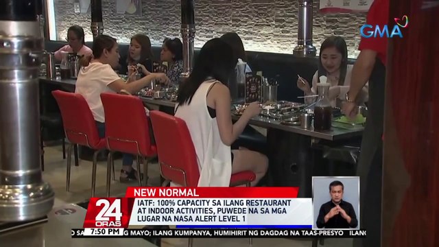 IATF: 100% capacity sa ilang restaurant at indoor activities, puwede na sa mga lugar na nasa Alert level 1 | 24 Oras