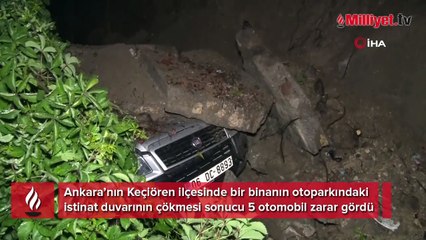 Ankara’da istinat duvarı çöktü, 5 otomobil zarar gördü