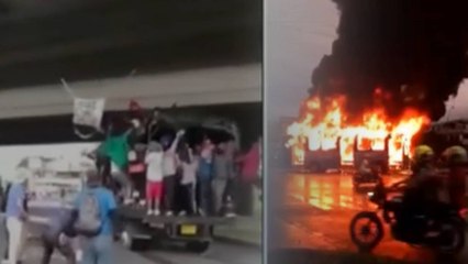 Un camión de la Policía y un bus del MIO fueron quemados en Cali