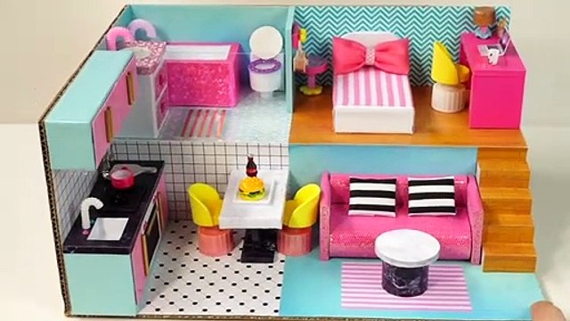 DIY Miniature Cardboard House bathroom, kitchen, bedroom, living room for a family.craft with me.