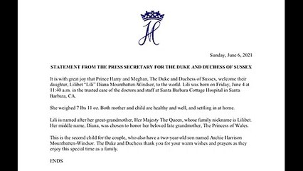 El príncipe Enrique y Meghan Markle anuncian el nacimiento de su hija