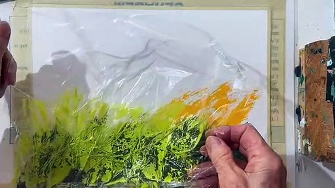 How to paint a Watercolor landscape~cling-wrap, salt & dishwashing detergent effects Tutorial