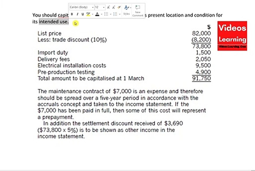 Example for Cost of Tangible Fixed Asset / Non Current asset