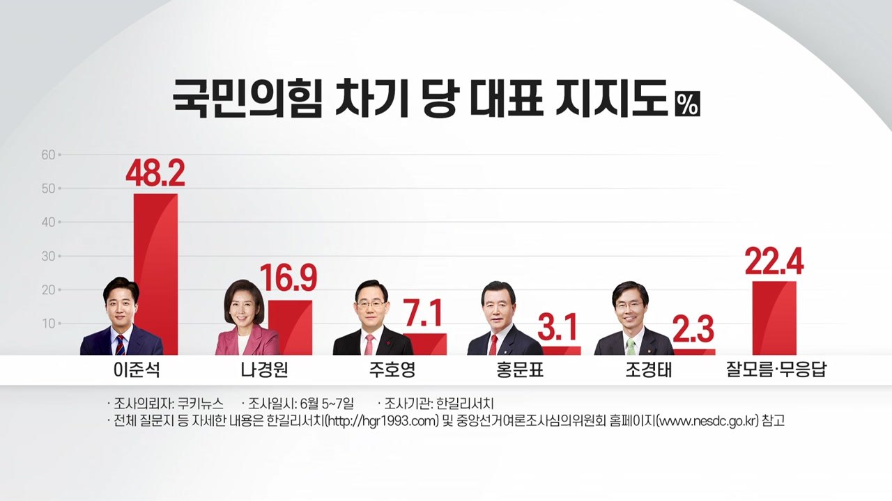 국민의힘 당 대표 지지도...이준석 48.2%로 압도적 1위 / YTN
