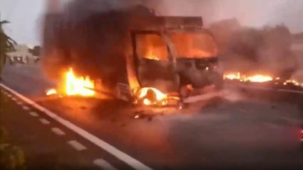 Truck and tanker caught fire after collision in Pali