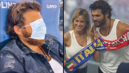 Can Yaman ve sevgilisi tribünde Türkiye-İtalya karşılaşmasını izledi! Maç sonu yıkılan oyuncu yüzünü maskeyle gizledi