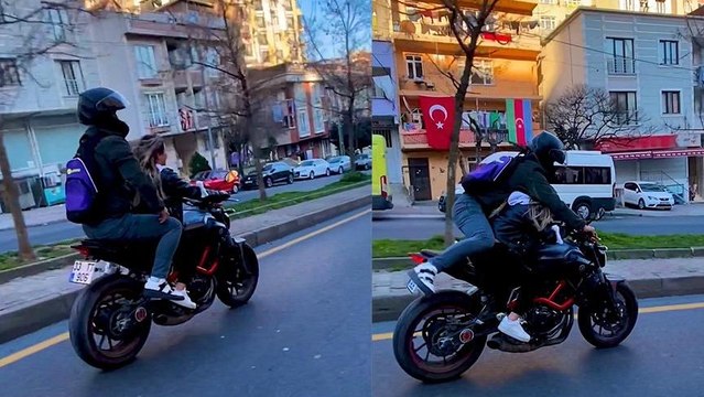 Pes dedirten görüntü: Kız arkadaşıyla motorda yer değiştirdi