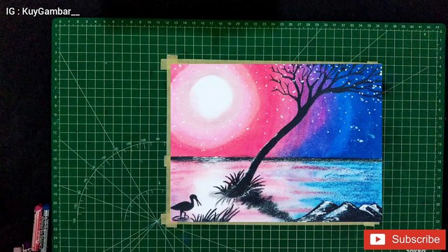 Moonlight Scenery - Oil pastel drawing /untuk pemula