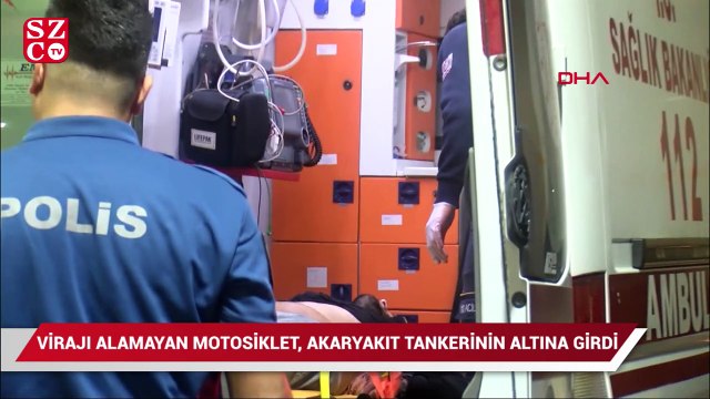 Virajı alamayan motosiklet, akaryakıt tankerinin altına girdi