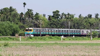 Beautiful Sea-Green colored EMU local devastating a forest towards Jirat Station __ Indian Railway