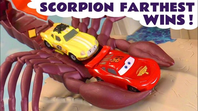 Hot Wheels Scorpion Funlings Race Farthest Wins with Disney Cars Lightning McQueen versus Marvel Avengers and PJ Masks in this Family Friendly Video for Kids from Kid Friendly Family Channel Toy Trains 4U