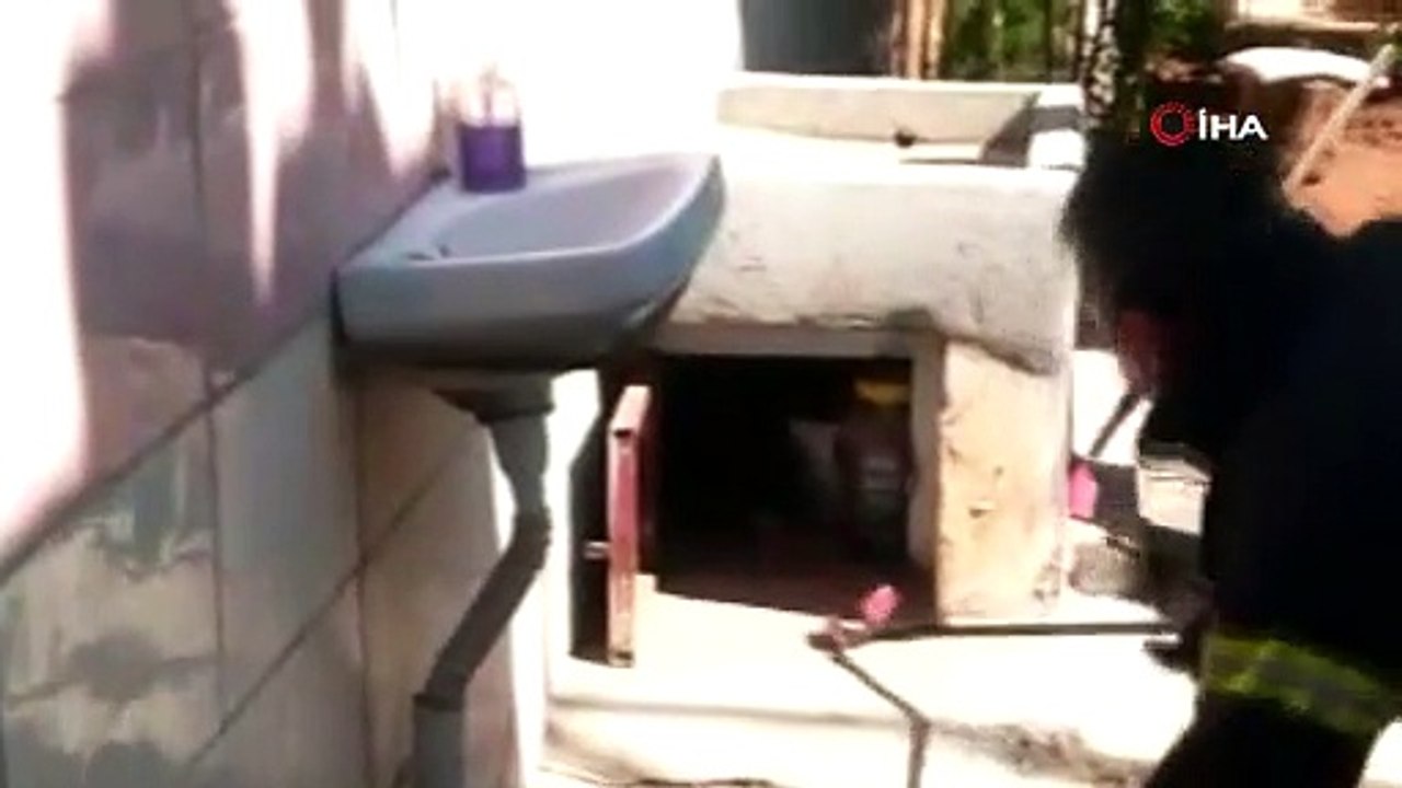 Yılan, kaçacak yer bulamayınca itfaiye erinin üzerine atladı