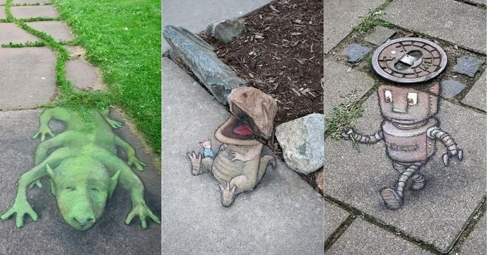 Parfaitement intégrées dans le paysage urbain, ces créations, signées David Zinn, sont à la fois poétiques et comiques