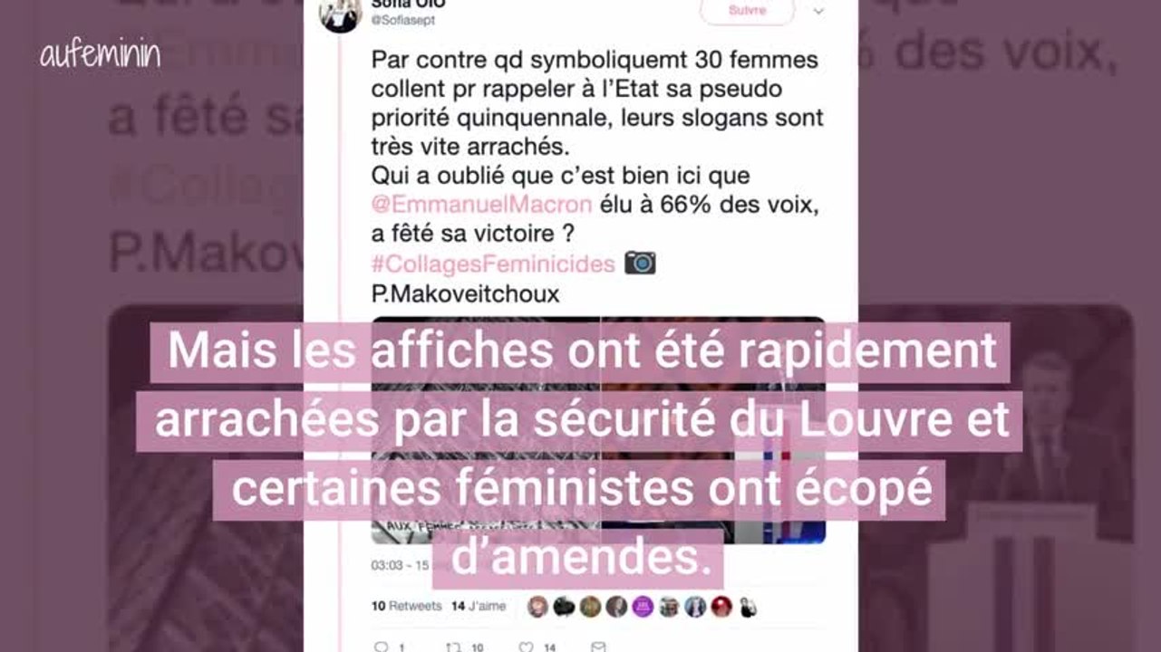 Des affiches contre les féminicides placardées sur la pyramide du Louvre