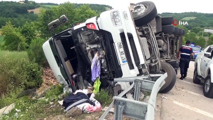 Kereste yüklü tır devrildi: 1 yaralı