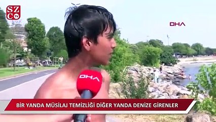 Müsilaj temizliği yapılırken denize girdiler