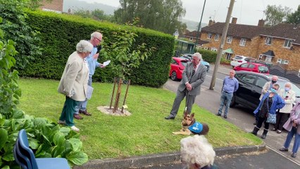 Adding the plaque to the memorial tree outside St George's Church in Hemel Hempstead