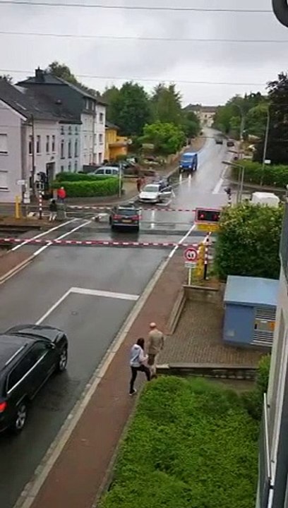 Ce conducteur sort juste à temps de sa voiture bloquée sur un passage à niveau !