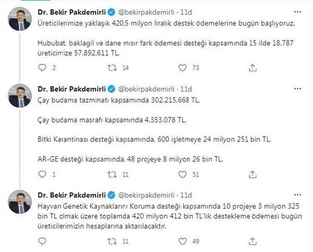 Bakan Pakdemirli: Tarımsal destek ödemeleri kapsamında yaklaşık 420,5 milyon lirayı bugün üreticilerimizin hesaplarına aktarmaya başlıyoruz.