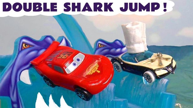 Hot Wheels Shark Jump with Disney Pixar Cars 3 Lightning McQueen versus Hot Wheels Cars Marvel Avengers and PJ Masks in this Family Friendly Full Episode Funlings Race Video for Kids by Toy Trains 4U