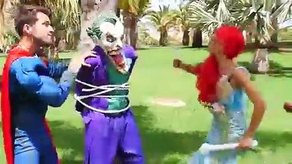 Superman Fly Training w Spiderman Flies and Falls vs Joker vs Frozen Elsa & Ariel Little Mermaid