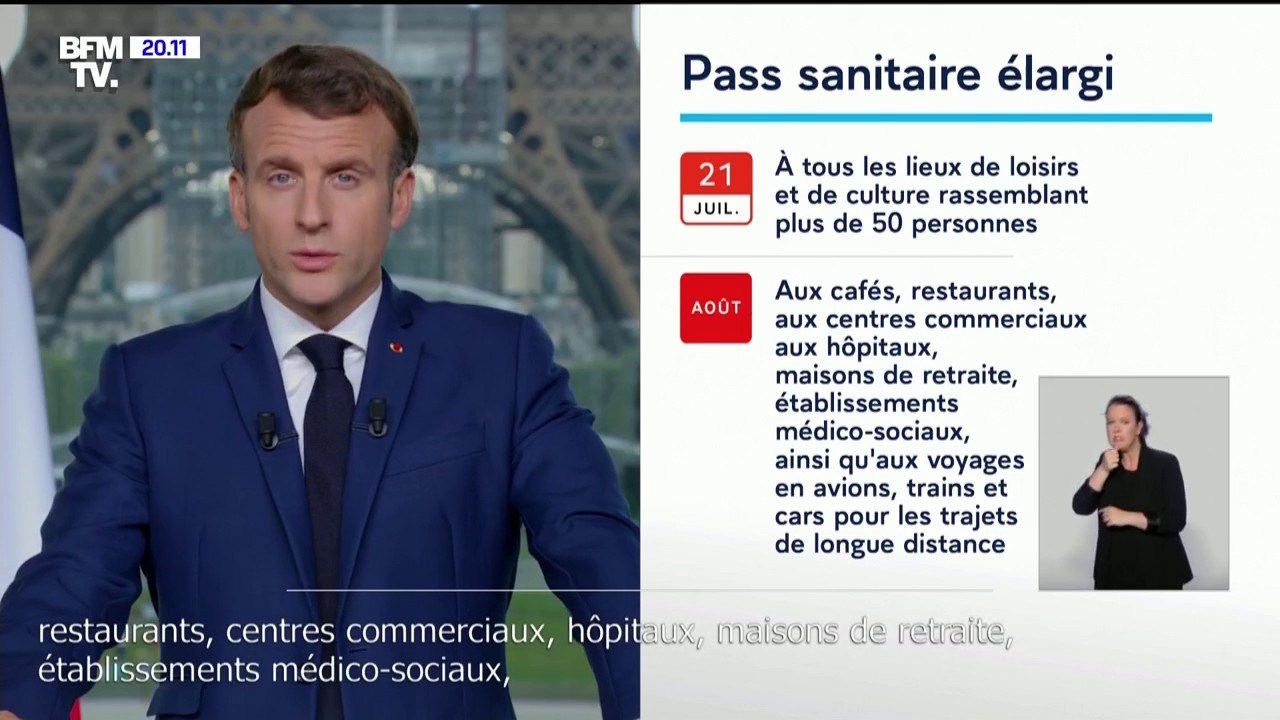 Emmanuel Macron: "Dès le 21 juillet, le pass sanitaire sera étendu aux  lieux de loisirs et de culture" pour les personnes de plus de 11 ans -  Vidéo Dailymotion